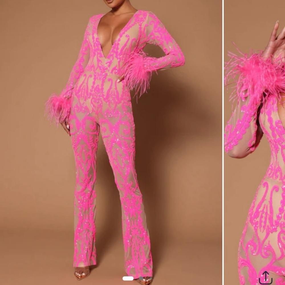 Glamorous Pink Feathered Jumpsuit with Shimmer